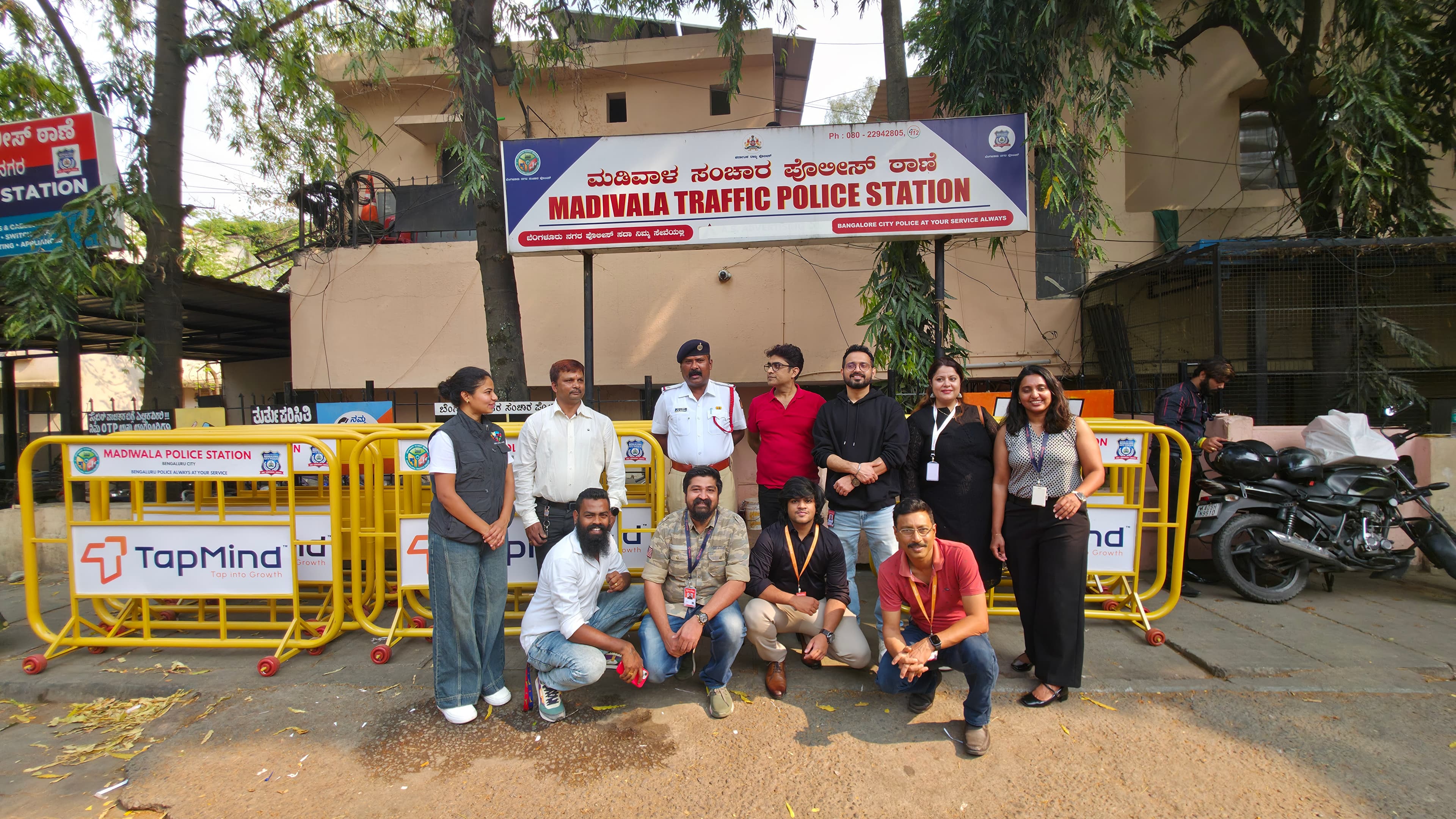 TapMind team and traffic police gathered outside Madivala Traffic Police Station